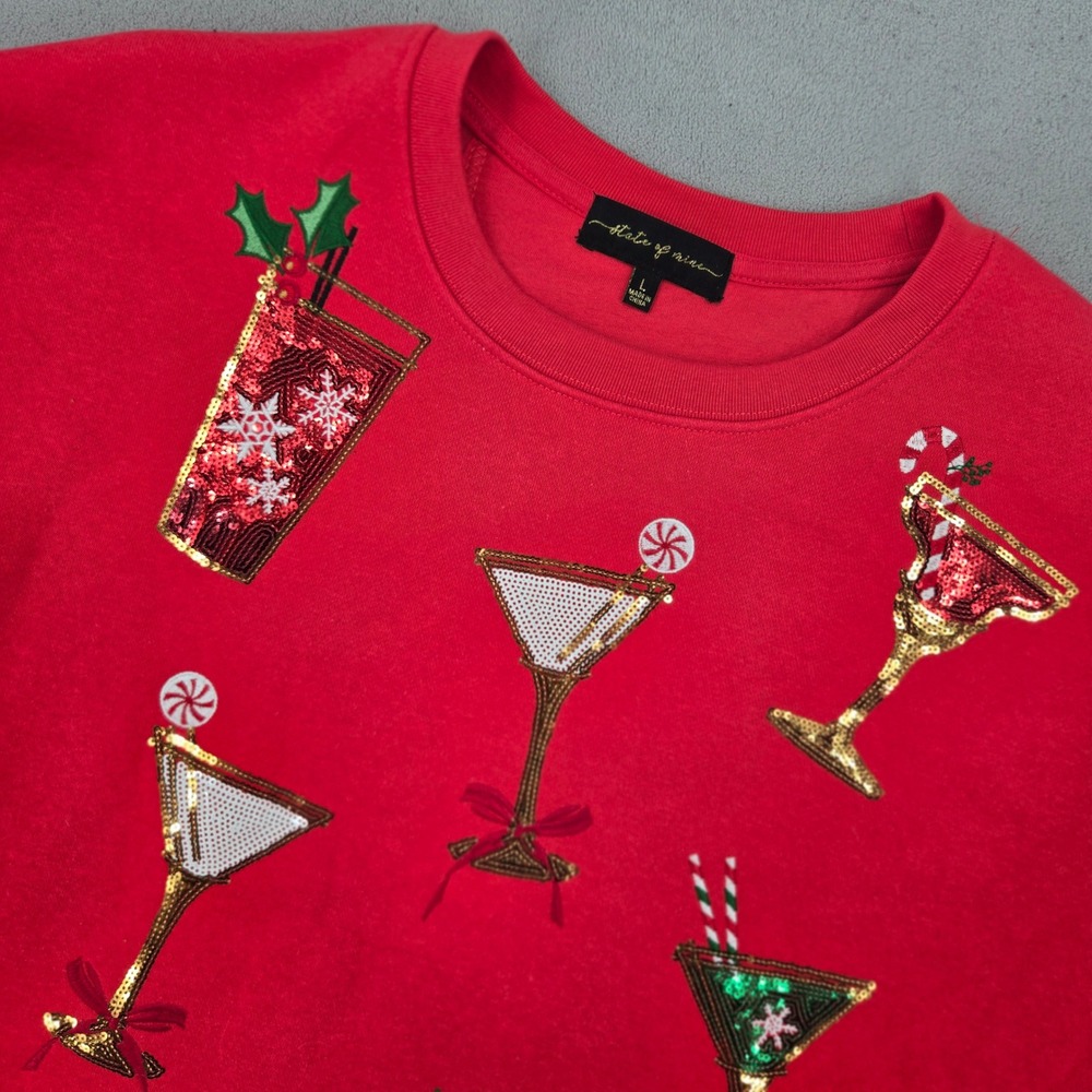 State of Mine Womens New LRG Red Holiday Cocktail Sequin Sweatshirt Festive Glam